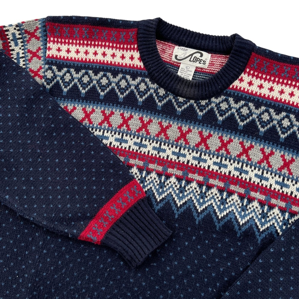 VTG 90s Steep Slopes Sweater Men L Navy Fair Isle Nordic Knit Apres Ski Birdseye